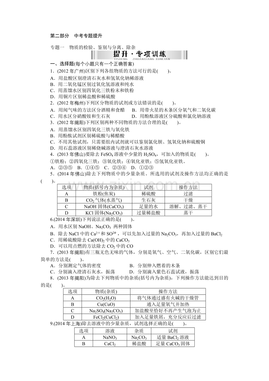 第二部分中考专题提升专题一　物质的检验、鉴别与分离、除杂.doc_第1页