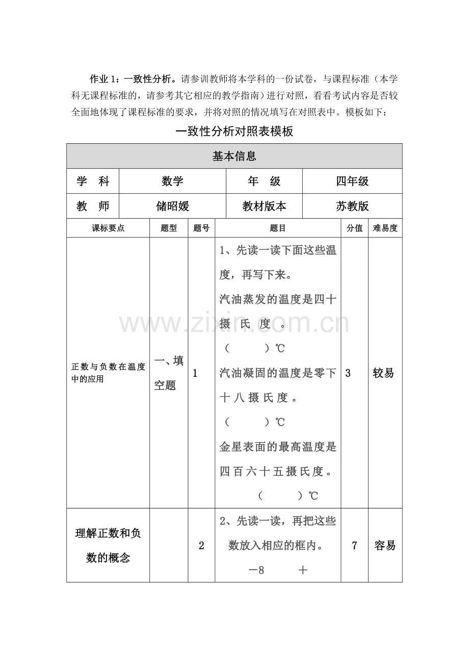 苏教版五上第一单元认识负数一致性分析.doc_第1页