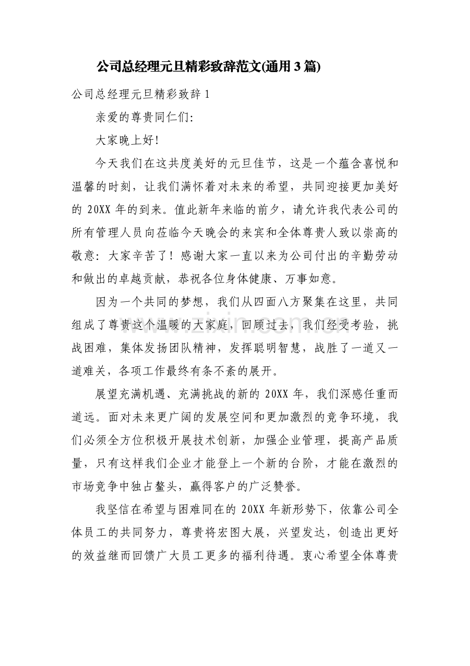 公司总经理元旦精彩致辞范文(通用3篇).pdf_第1页