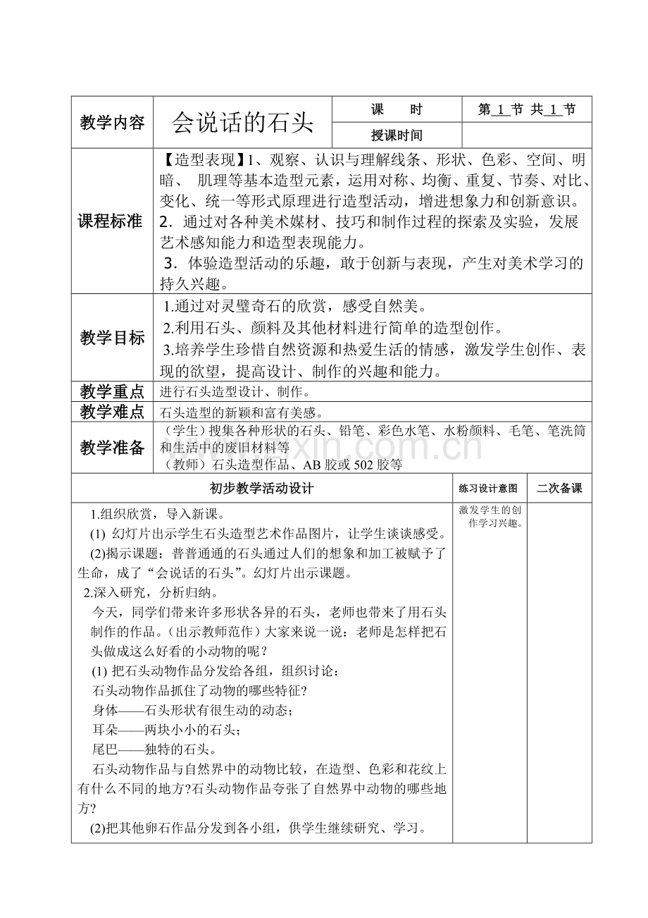 美术六册电子教案二次备课-会说话的石头.doc_第1页