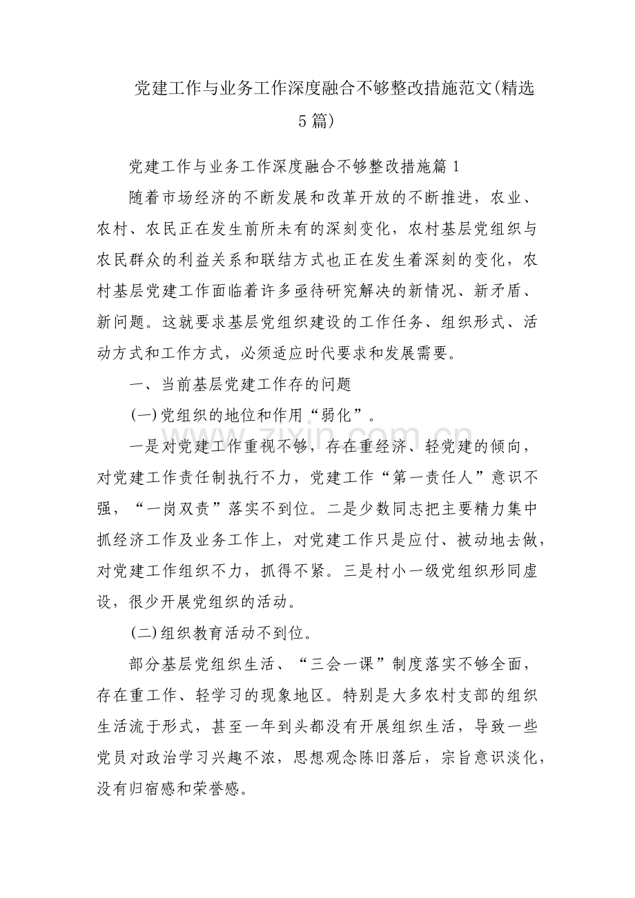 党建工作与业务工作深度融合不够整改措施范文(5篇).pdf_第1页