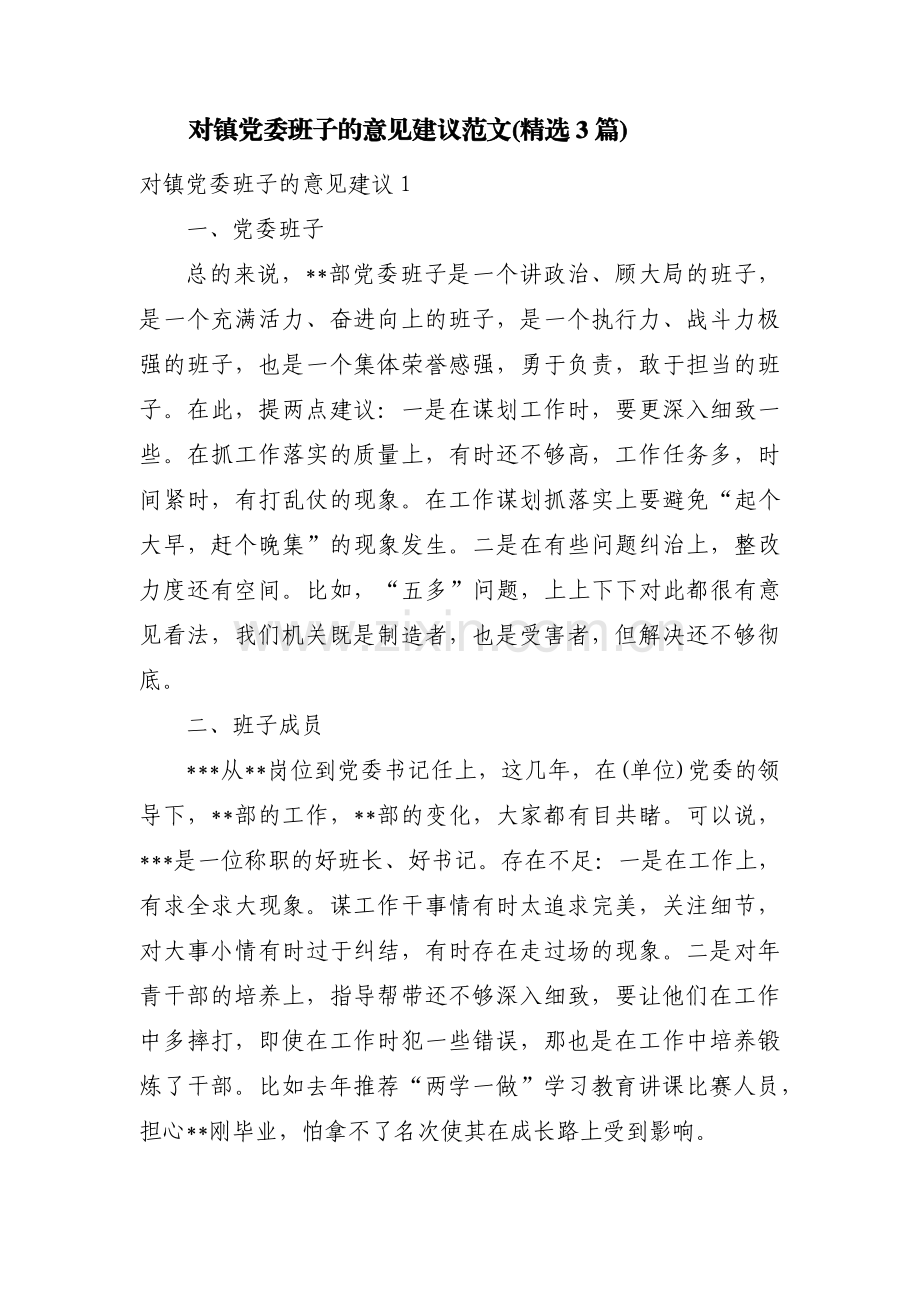 对镇党委班子的意见建议范文(3篇).pdf_第1页