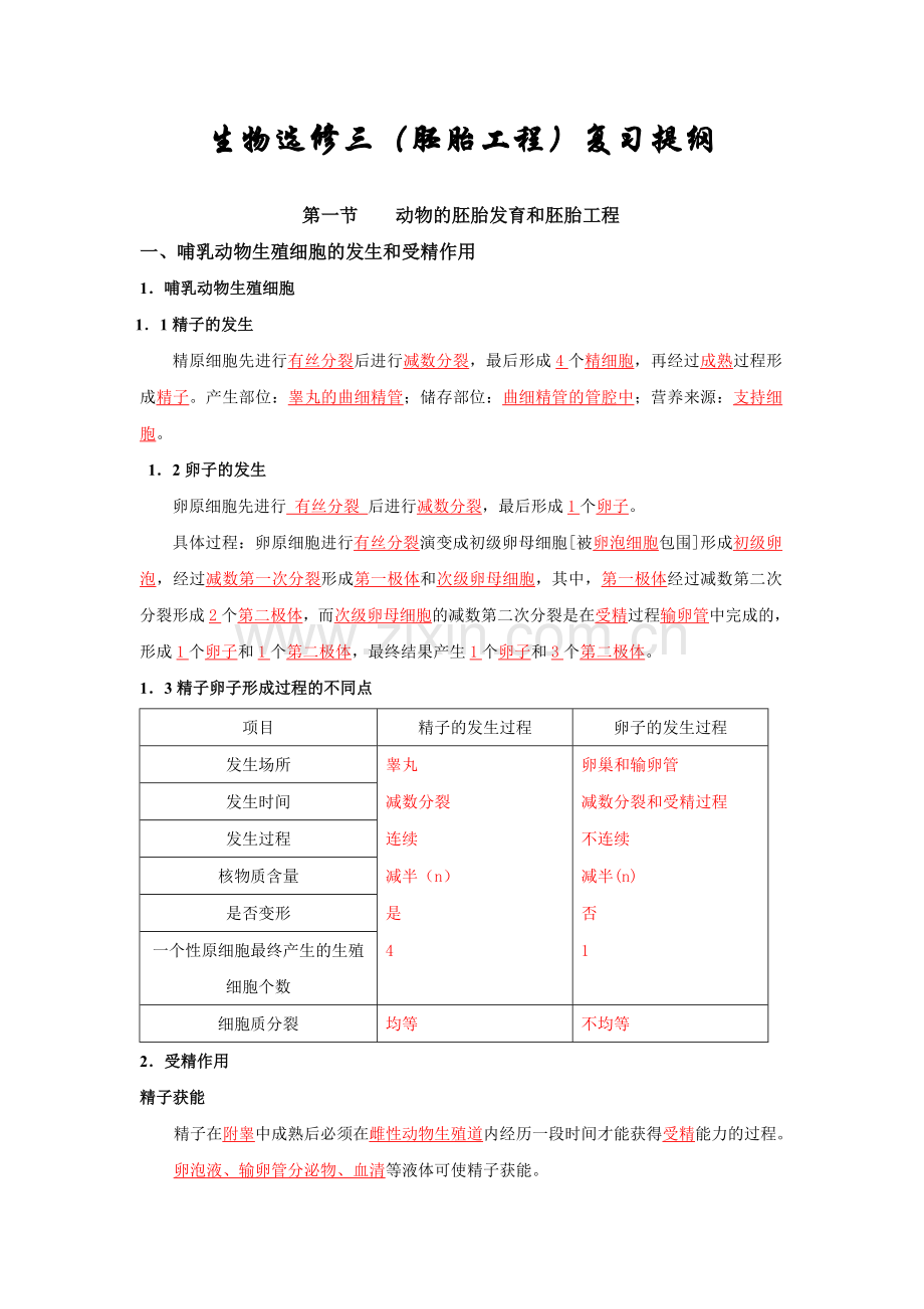 生物选修三（胚胎工程）复习提纲.doc_第1页