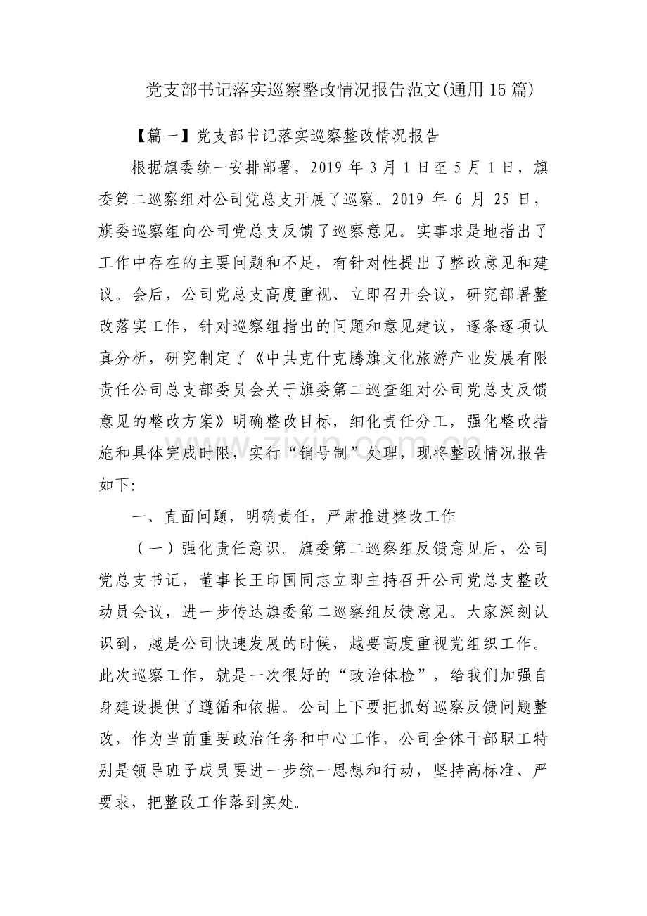 党支部书记落实巡察整改情况报告范文(通用15篇).pdf_第1页