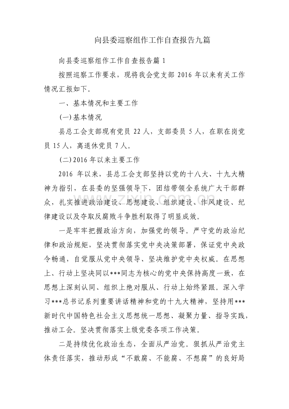 向县委巡察组作工作自查报告九篇.pdf_第1页