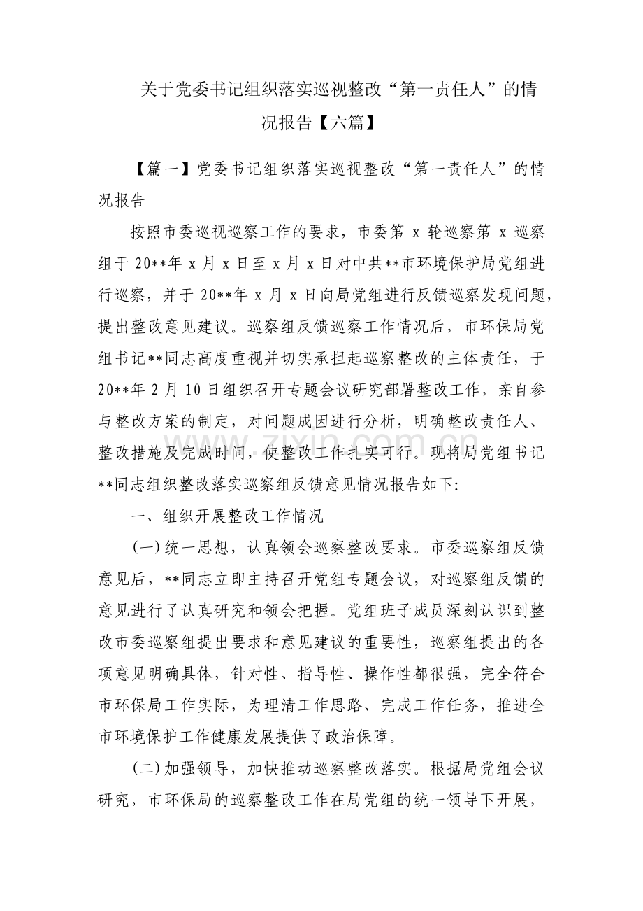 关于党委书记组织落实巡视整改“第一责任人”的情况报告【六篇】.pdf_第1页