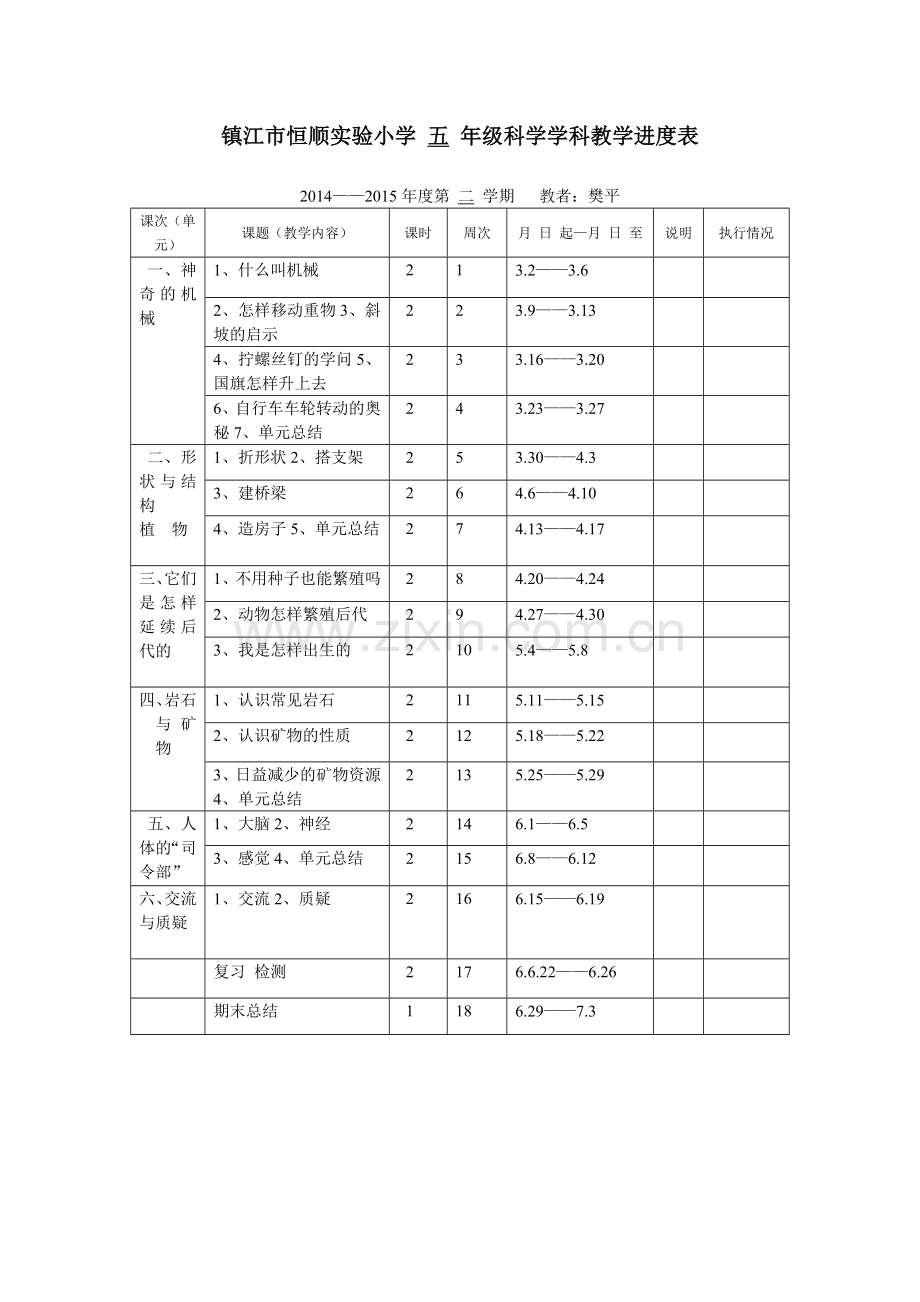 镇江市恒顺实验小学五年级科学学科教学进度表.doc_第1页