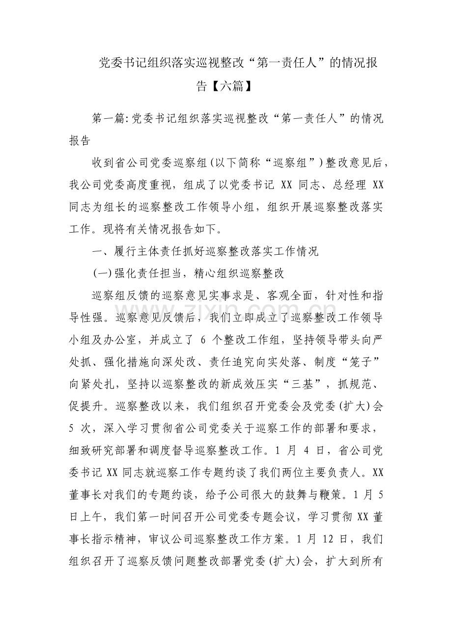 党委书记组织落实巡视整改“第一责任人”的情况报告【六篇】.pdf_第1页