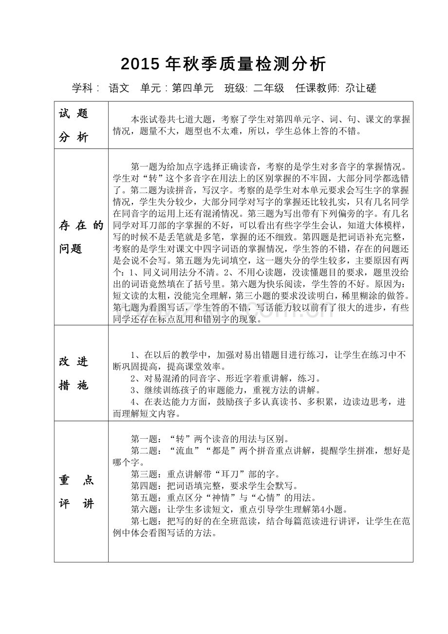 二年级语文四单元试卷分析.doc_第1页