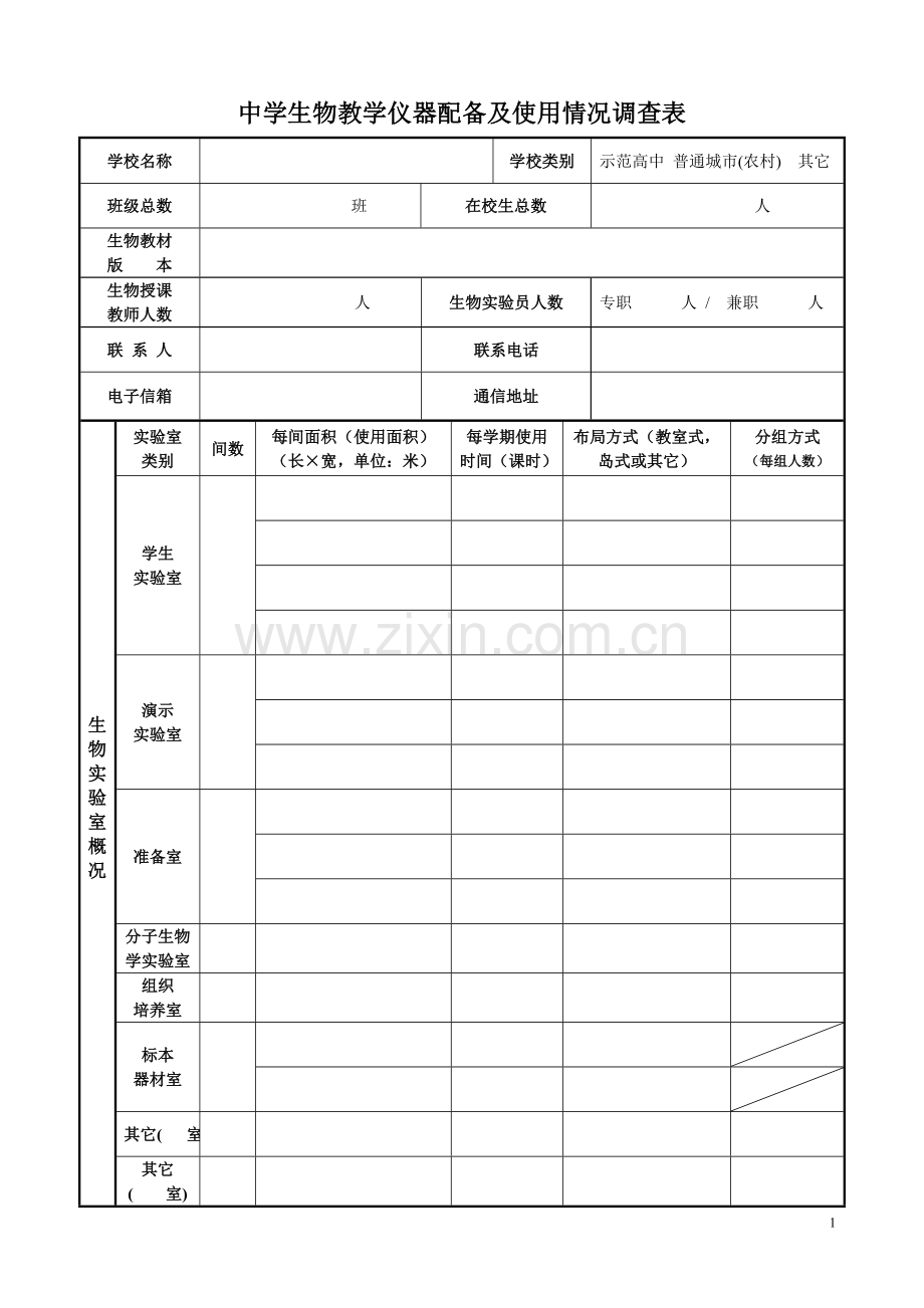 中学生物教学仪器配备及使用情况调查表.doc_第1页