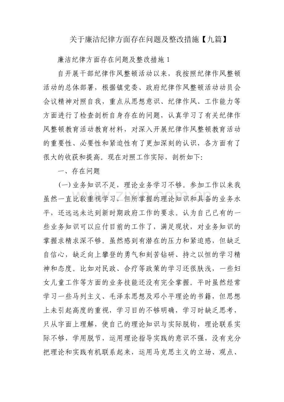 关于廉洁纪律方面存在问题及整改措施【九篇】.pdf_第1页