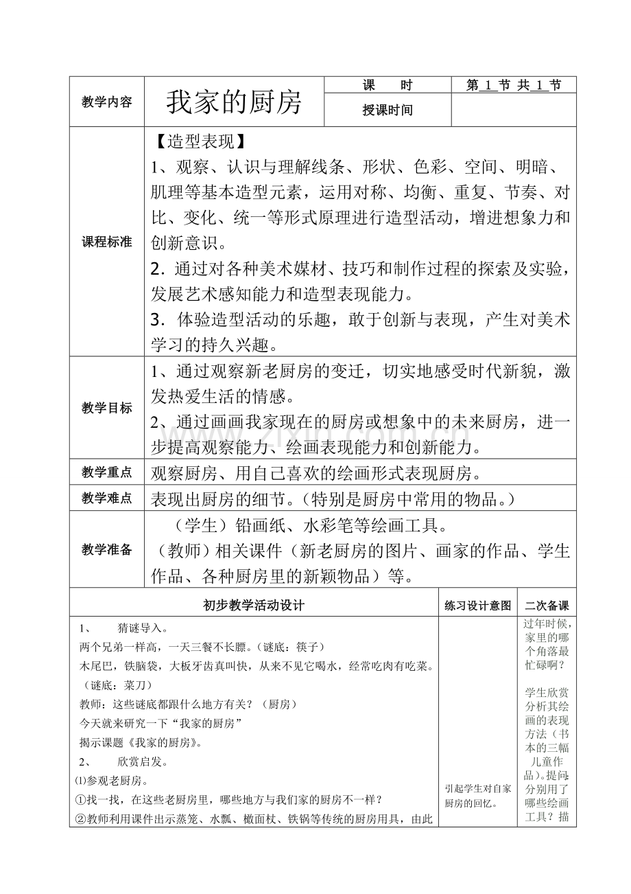 美术六册电子教案二次备课-我家的厨房.doc_第1页