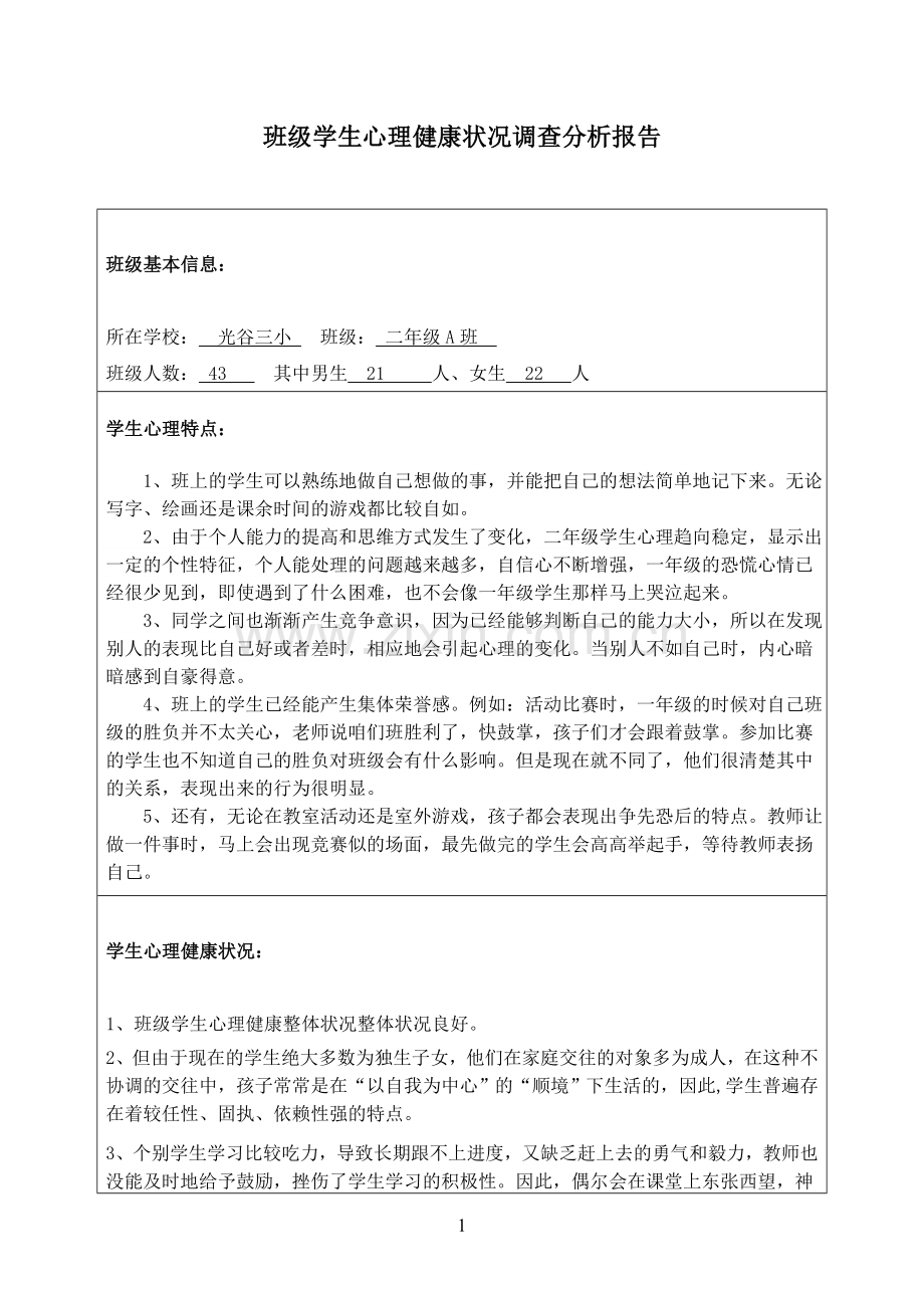 班级学生心理健康状况调查分析报告.doc_第1页