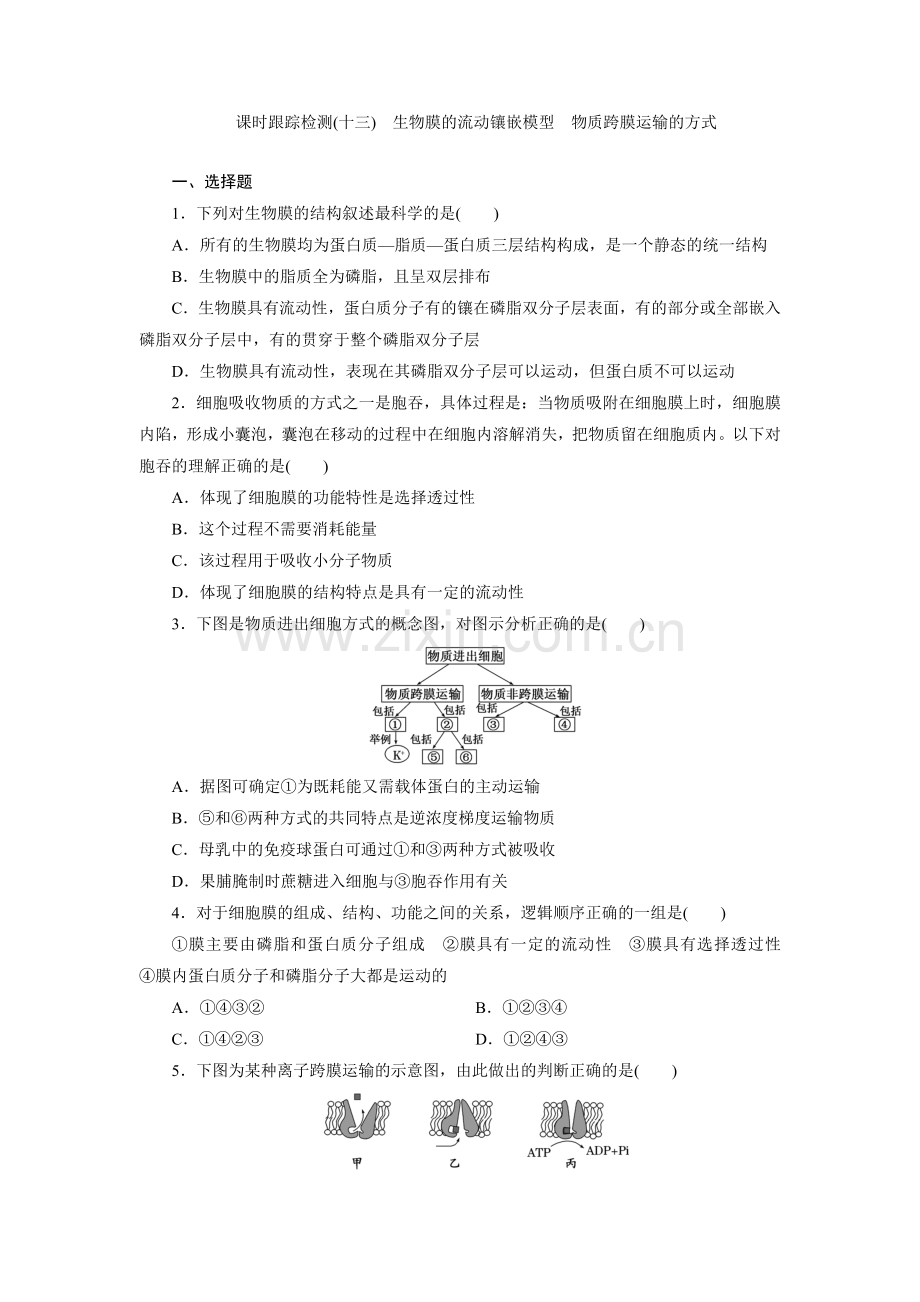 课时跟踪检测(十三)　生物膜的流动镶嵌模型　物质跨膜运输的方式.doc_第1页