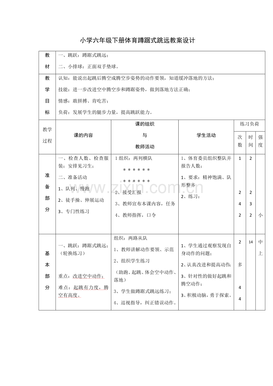 小学六年级下册体育蹲踞式跳远教案设计.docx_第1页