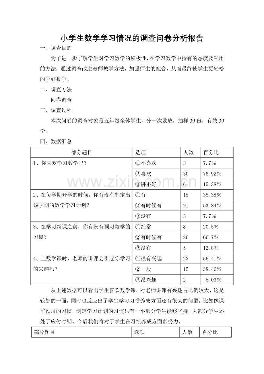 小学生数学学习情况的调查问卷分析报告.doc_第1页