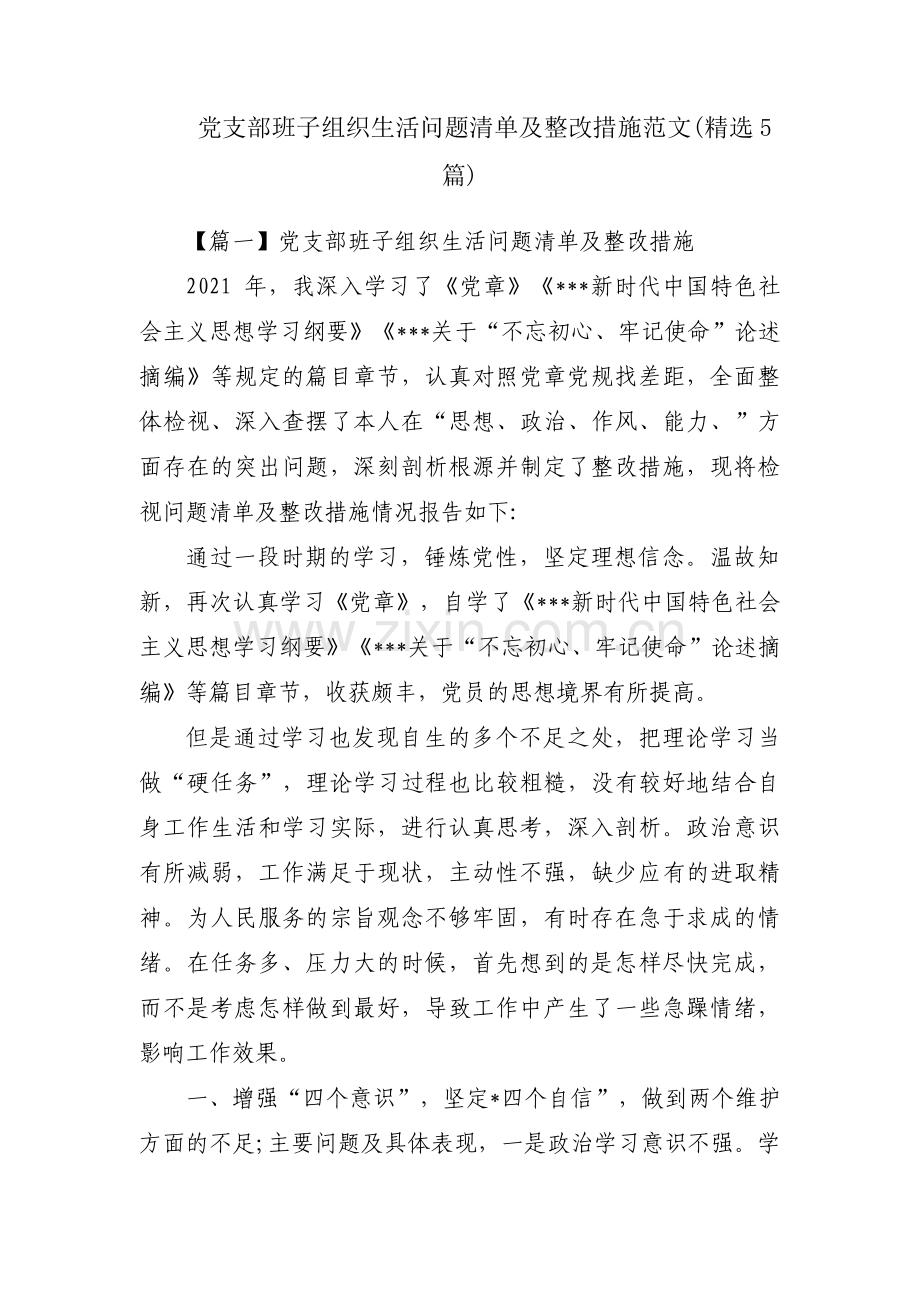 党支部班子组织生活问题清单及整改措施范文(5篇).pdf_第1页