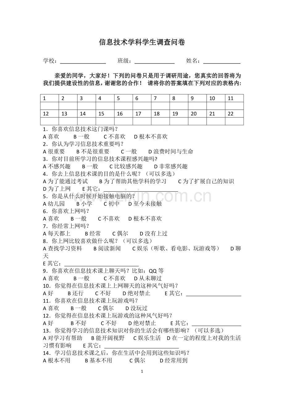 信息技术课堂教学问卷调查表.docx_第1页