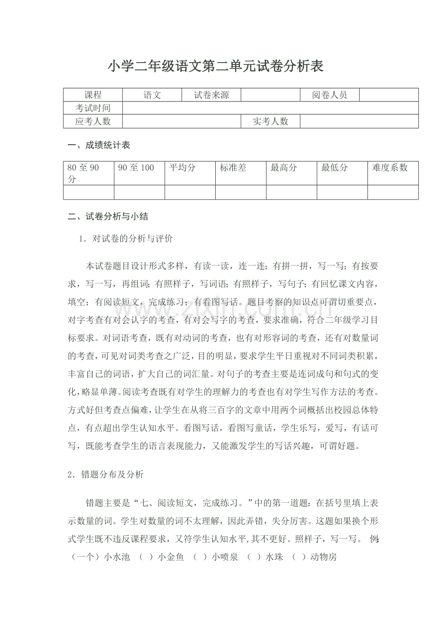 小学二年级语文第二单元试卷分析表.doc_第1页