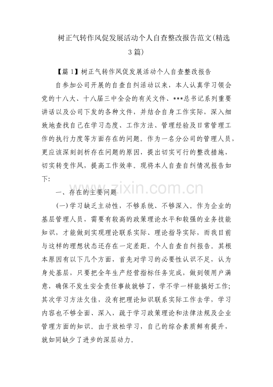 树正气转作风促发展活动个人自查整改报告范文(3篇).pdf_第1页