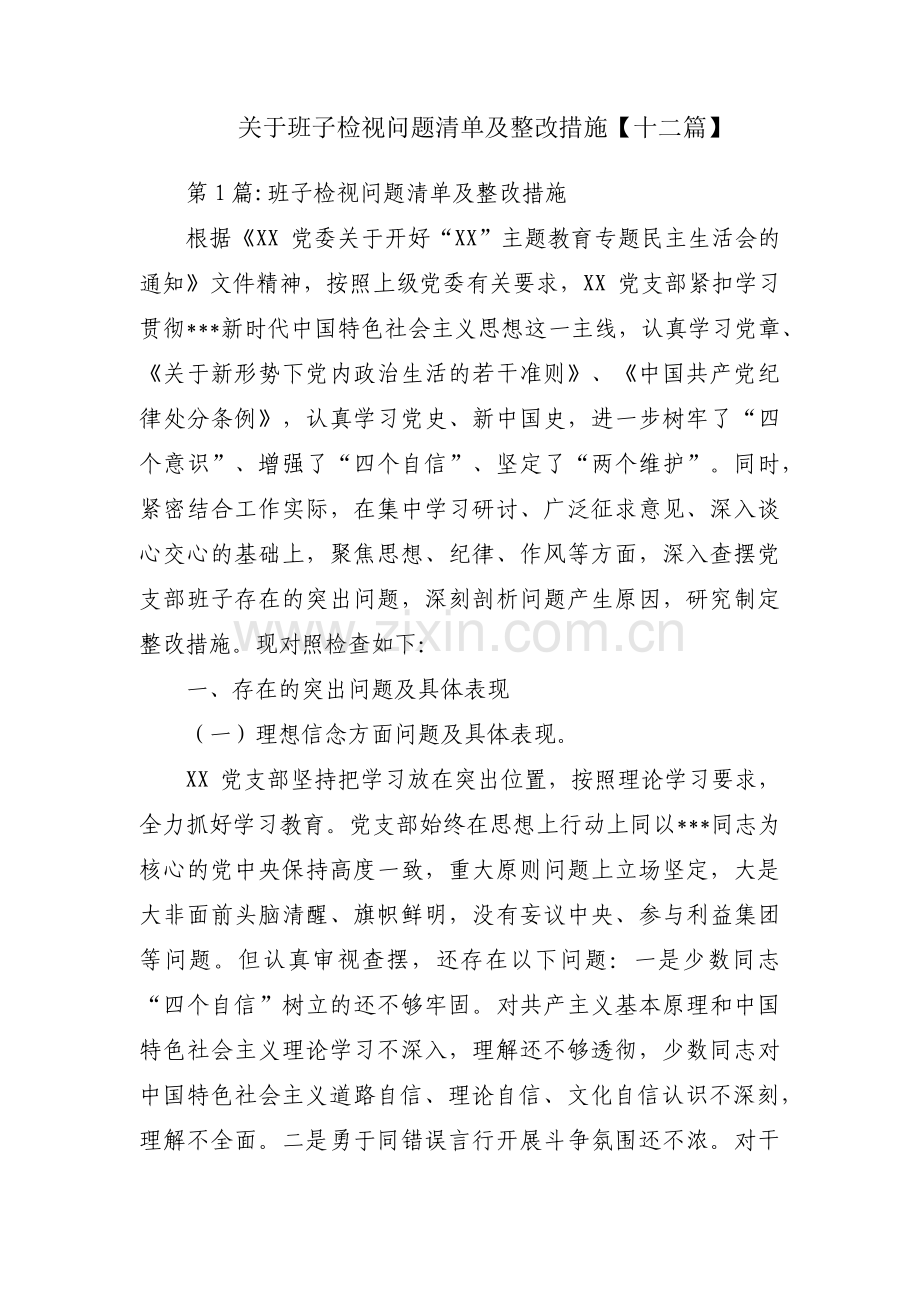 关于班子检视问题清单及整改措施【十二篇】.pdf_第1页