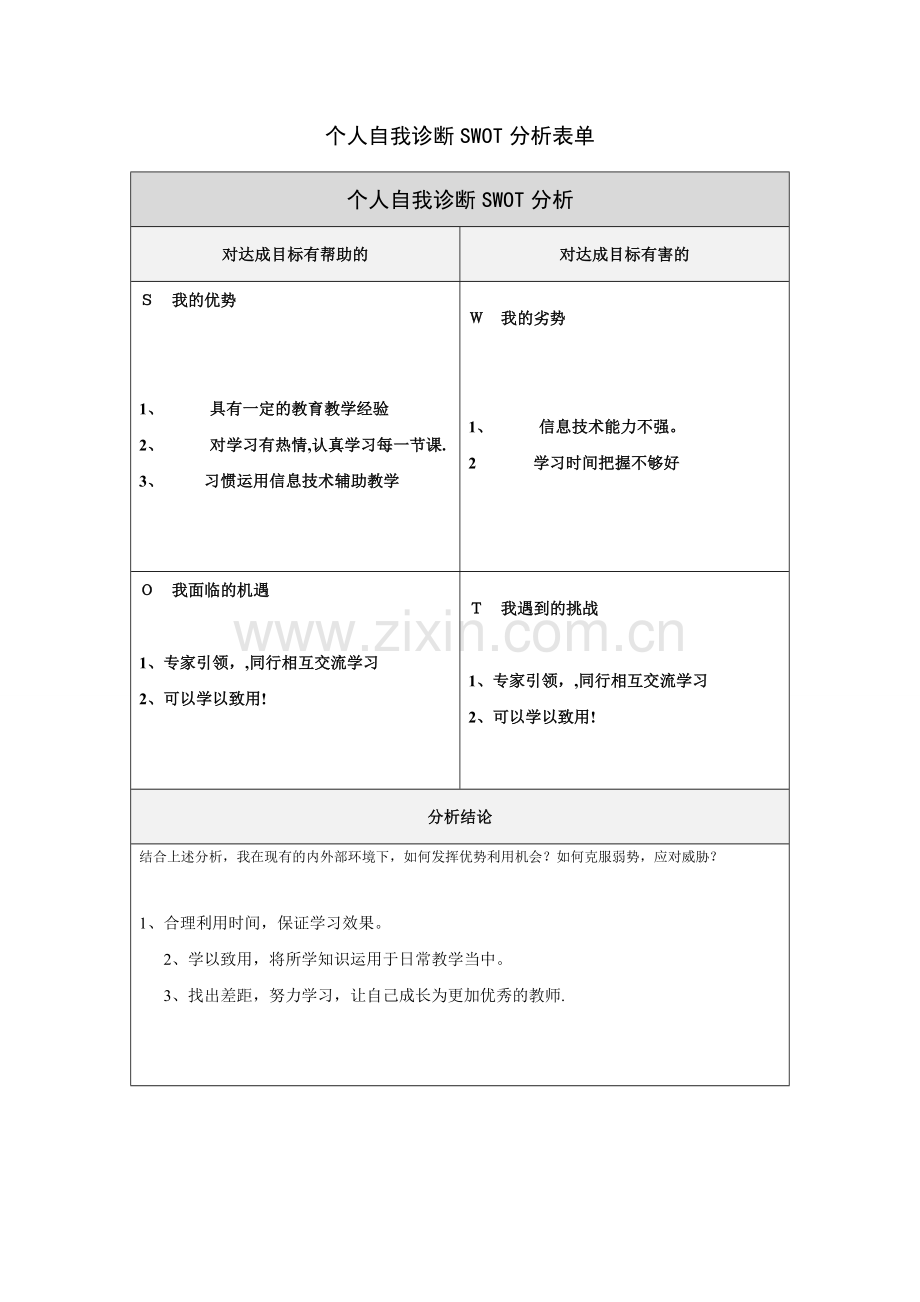 黄红霞：个人自我诊断SWOT分析表.doc_第1页