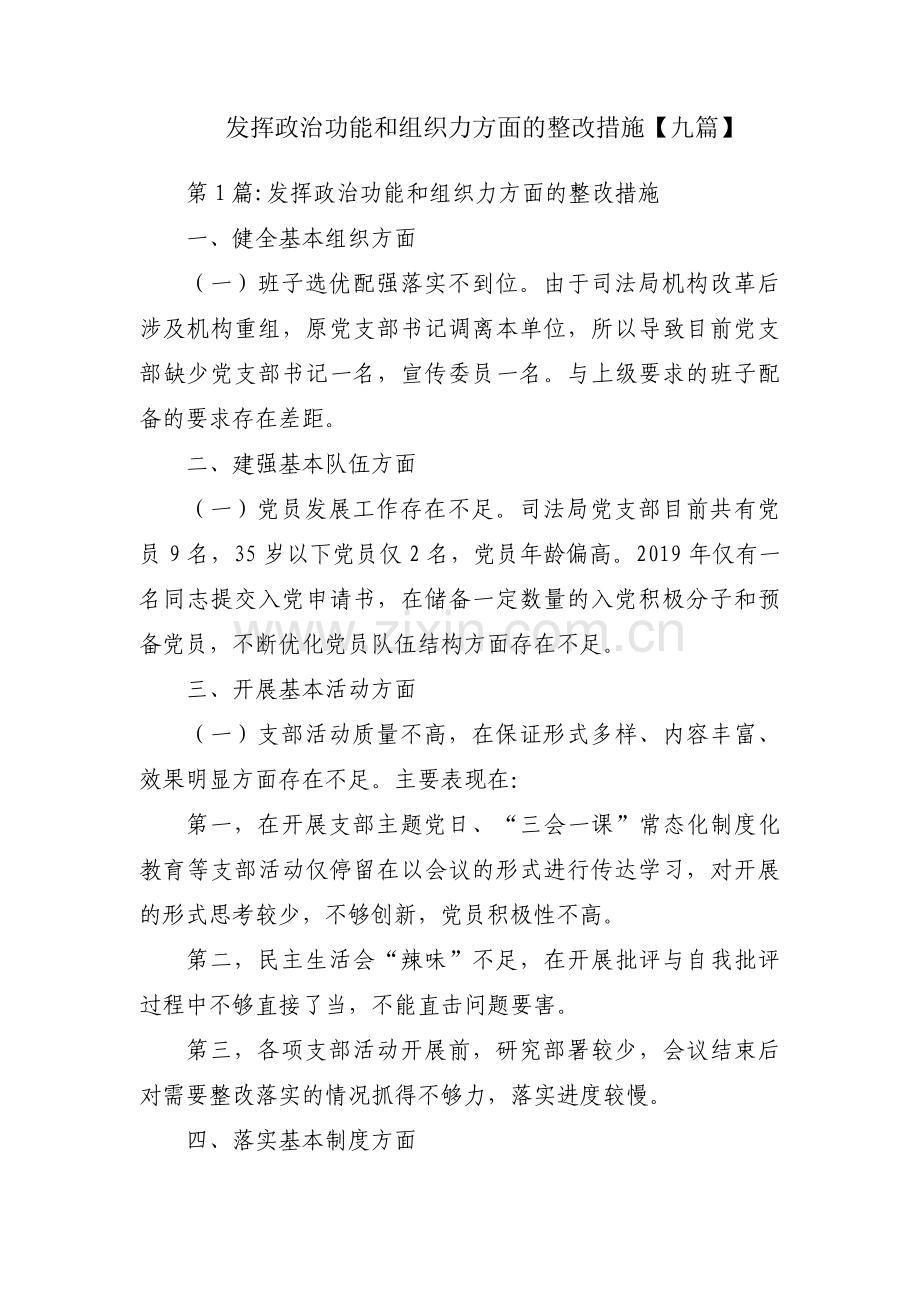 发挥政治功能和组织力方面的整改措施【九篇】.pdf_第1页