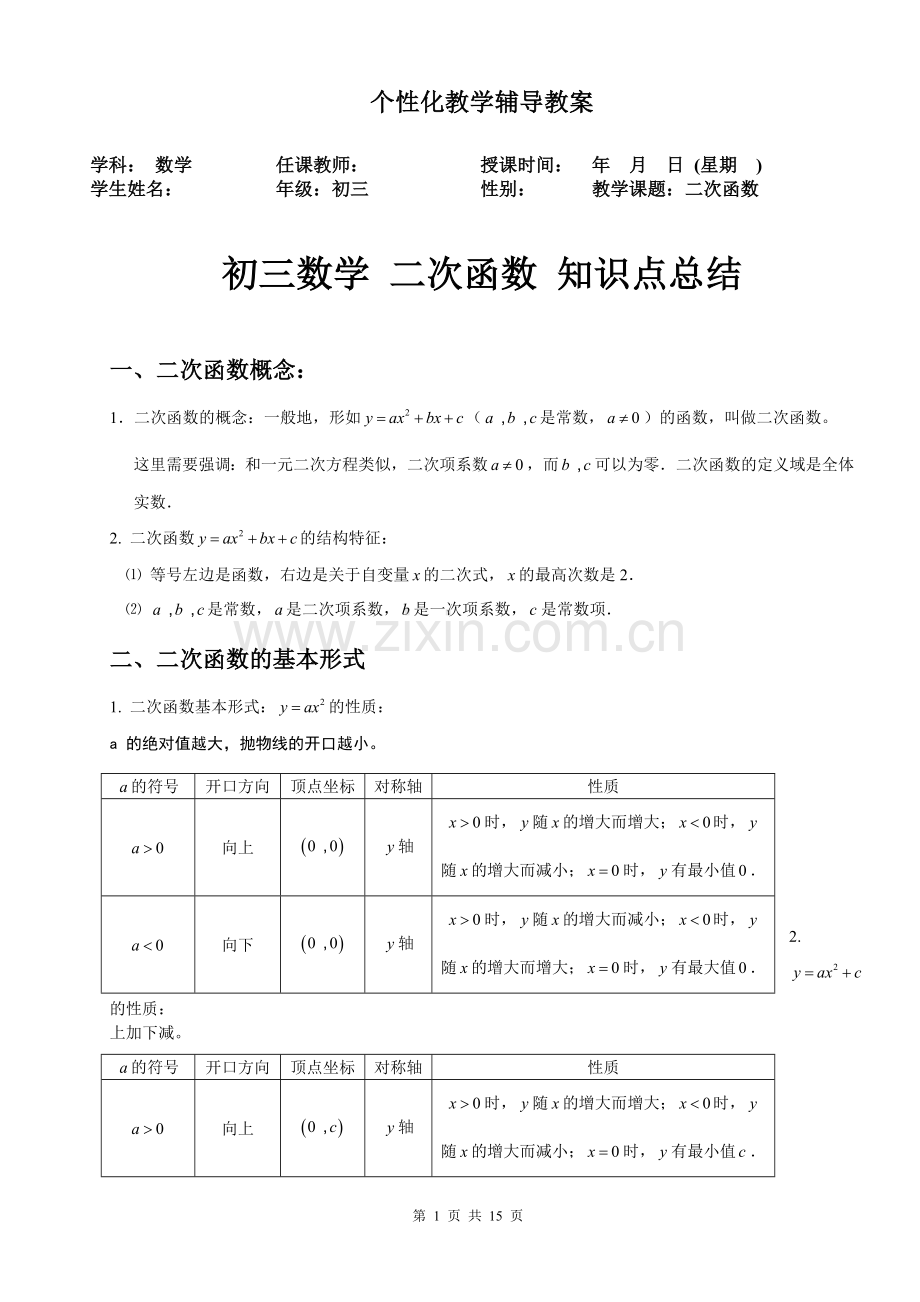 初三数学二次函数知识点总结与习题.doc_第1页