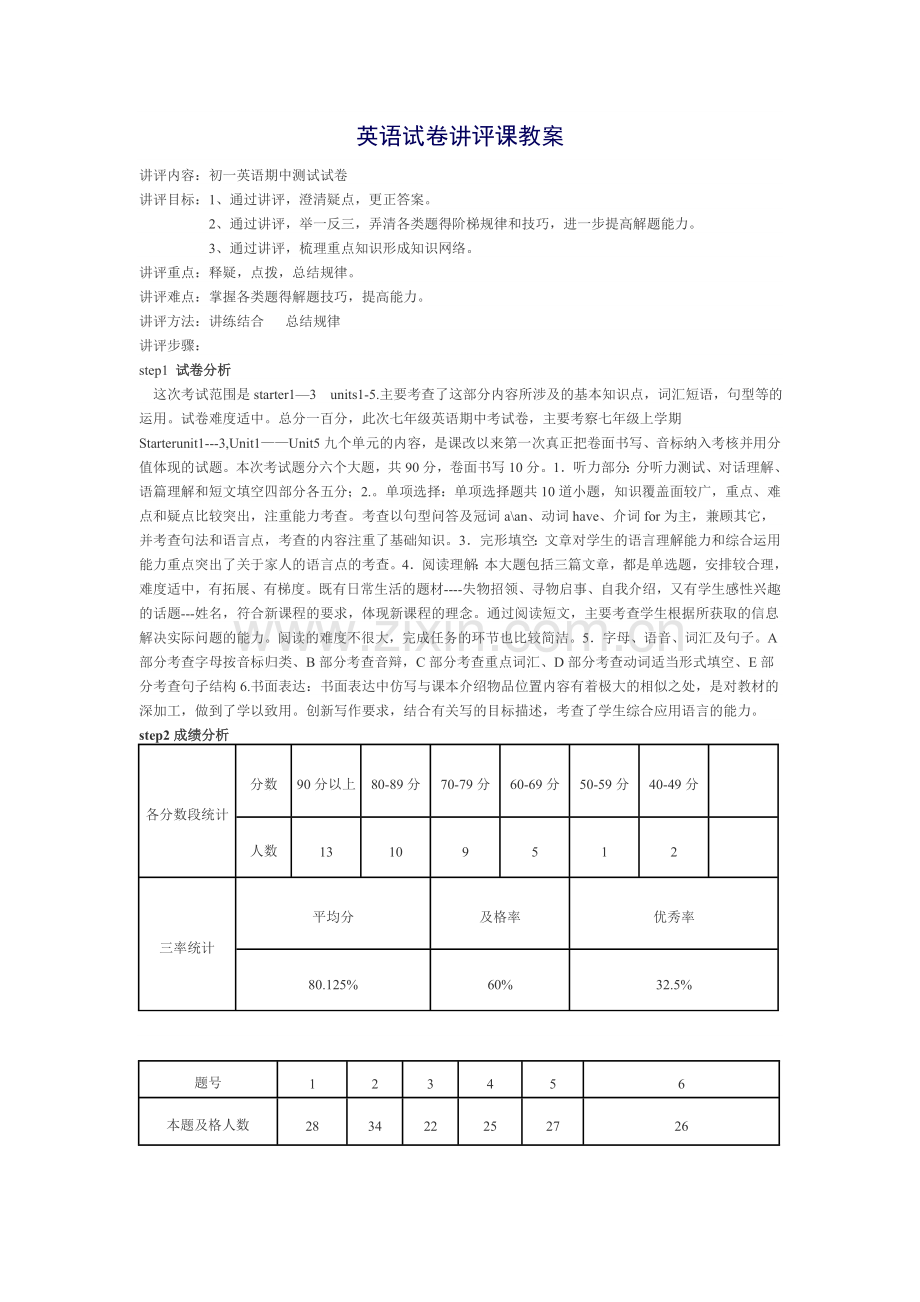 初一英语试卷讲评课教案.doc_第1页