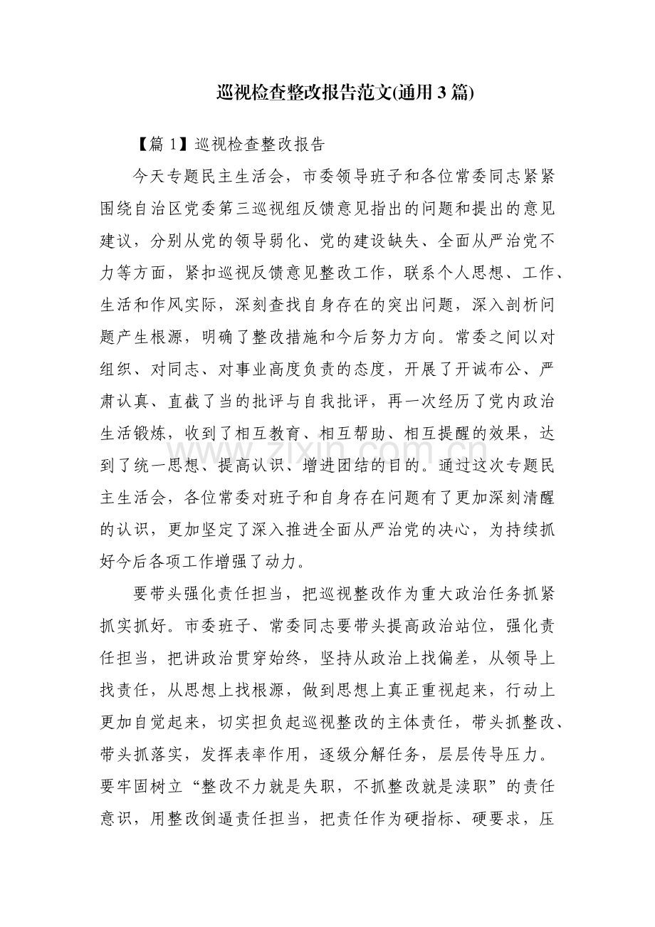 巡视检查整改报告范文(通用3篇).pdf_第1页