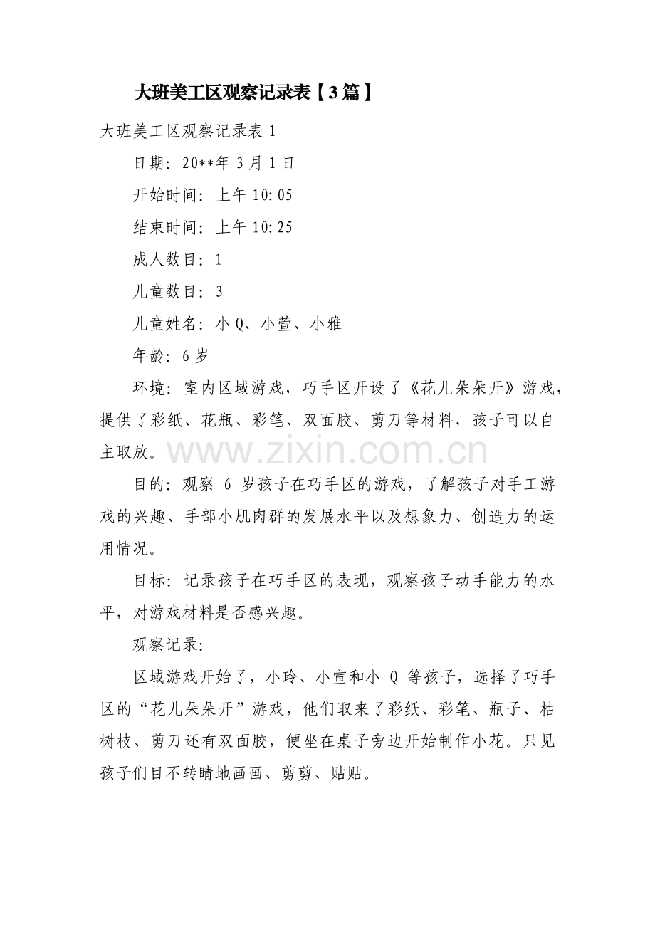 大班美工区观察记录表【3篇】.pdf_第1页