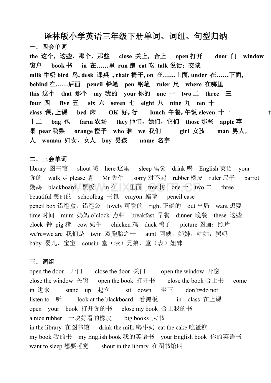 译林版小学英语三年级下册单词、词组、句型归纳.doc_第1页