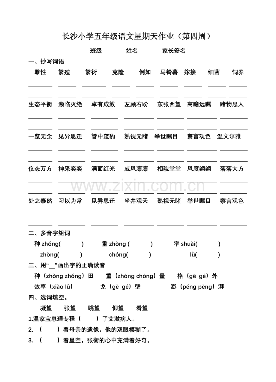 长沙小学五年级语文星期天作业（第四周）.doc_第1页