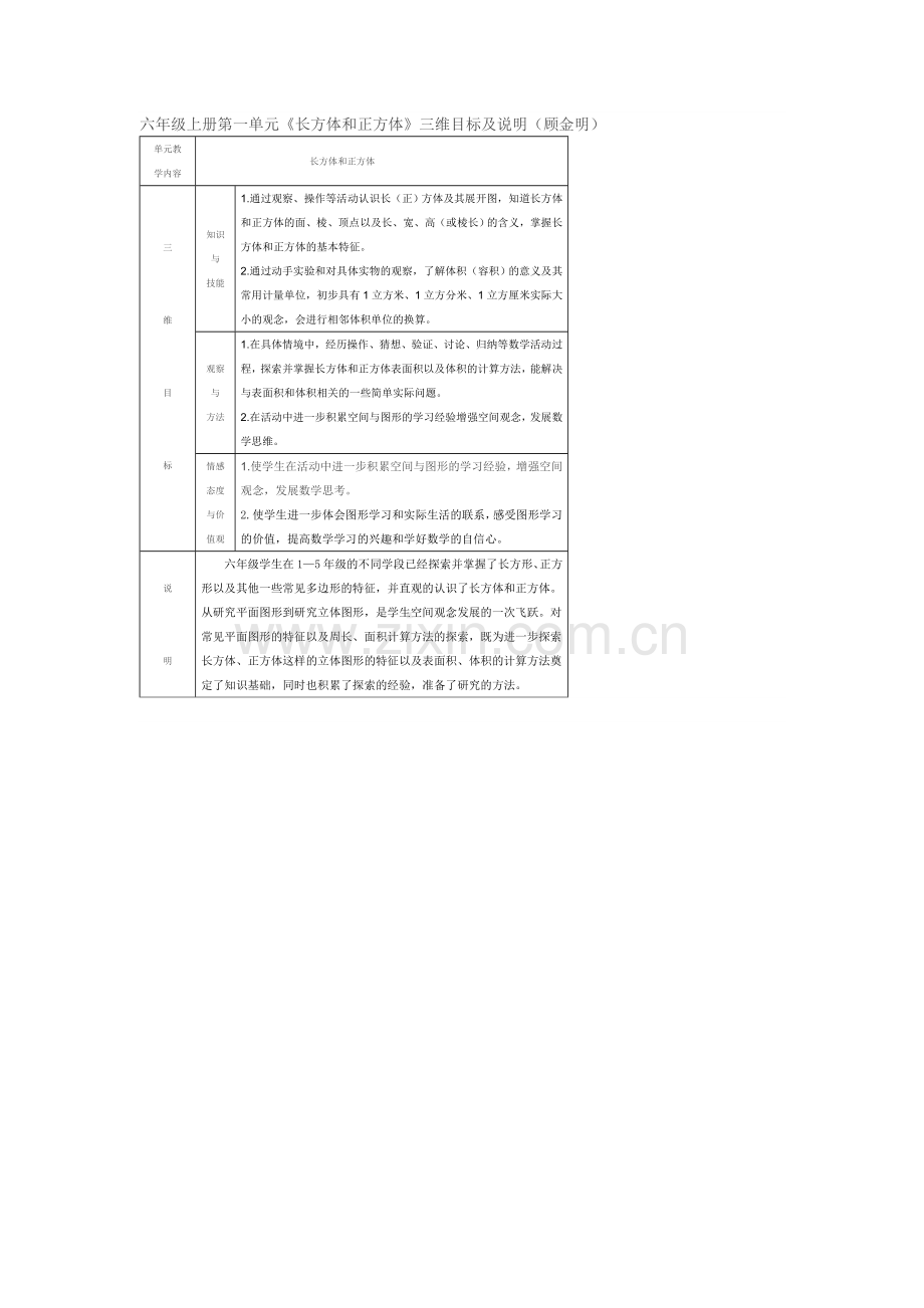 六年级上册第一单元《长方体和正方体》三维目标及说明.doc_第1页