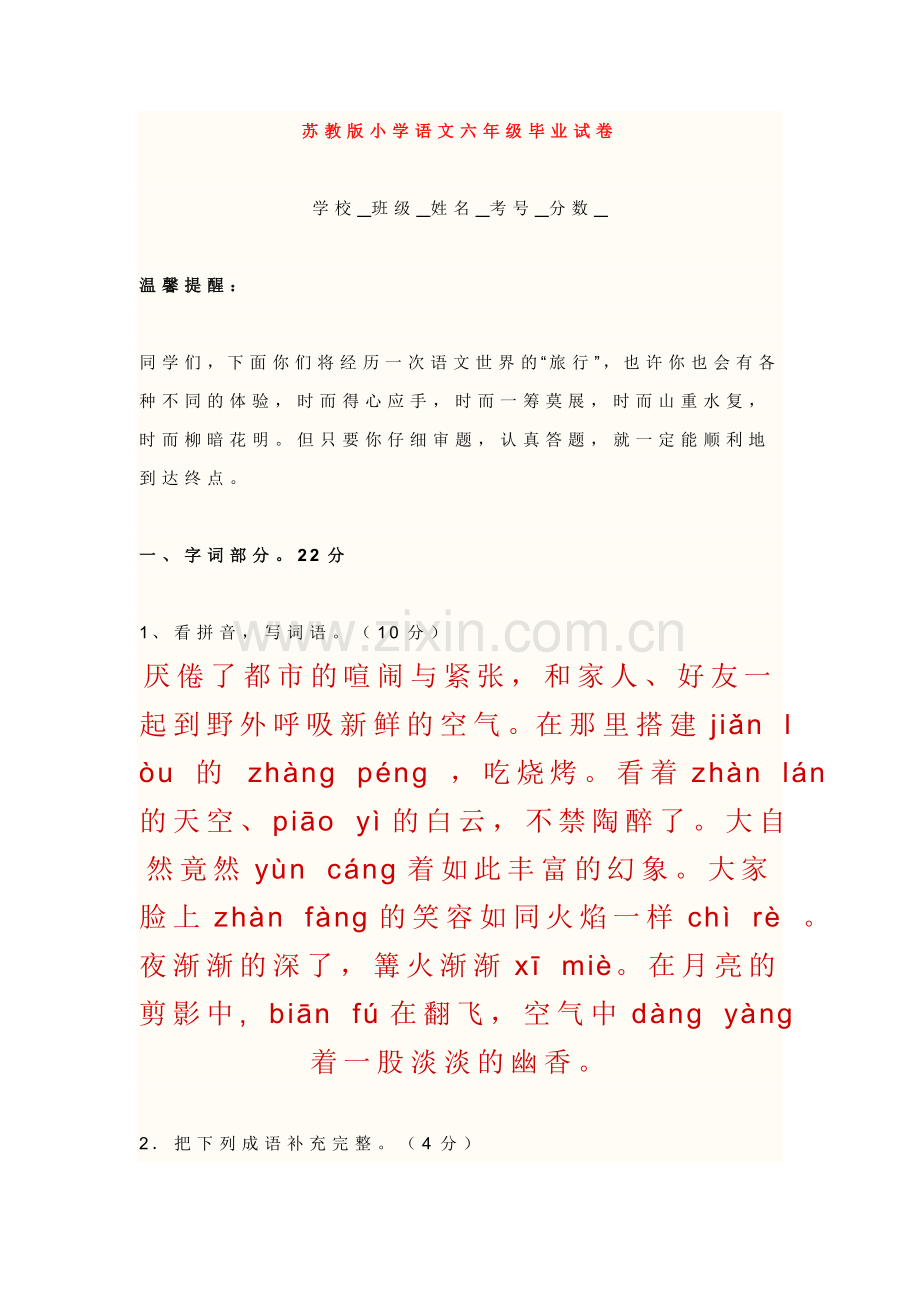 苏教版小学语文六年级毕业试卷.doc_第1页