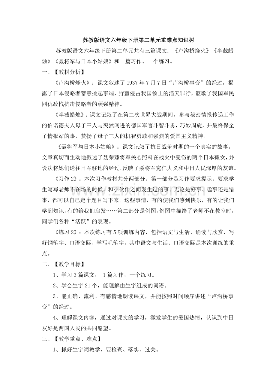 苏教版语文六年级下册第二单元重难点知识树.doc_第1页