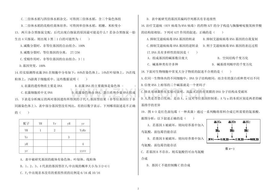 期末生物必修二复习试题.doc_第2页