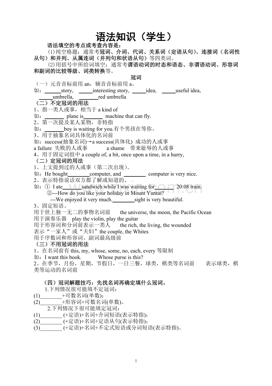 高中语法知识---冠词单句填空题和语法(学生).doc_第1页