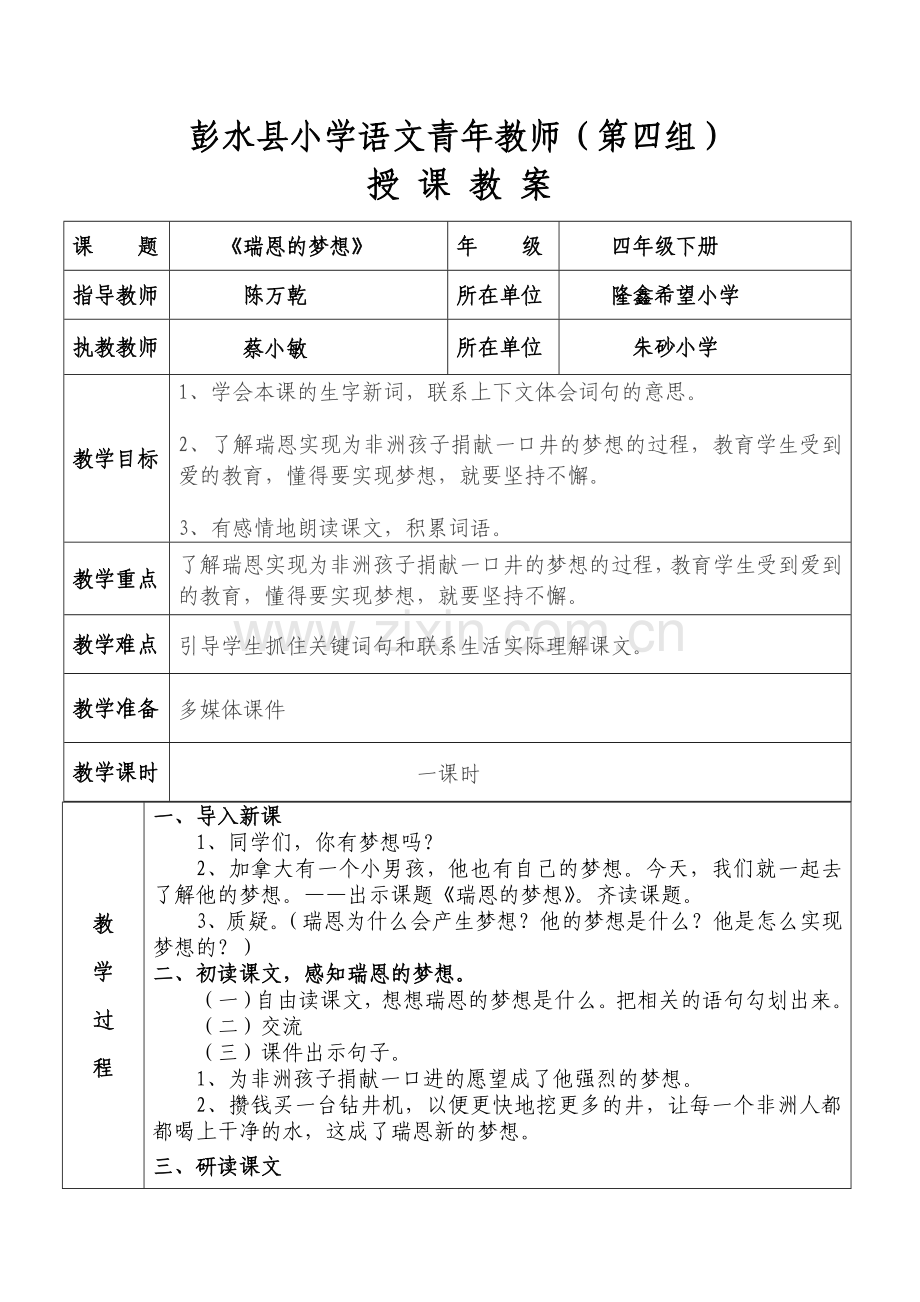 《瑞恩的梦想》教案.doc_第1页