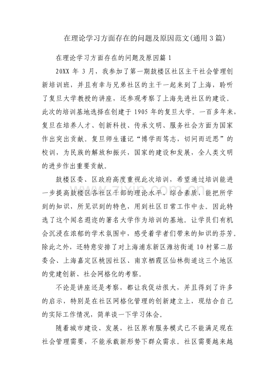 在理论学习方面存在的问题及原因范文(通用3篇).pdf_第1页