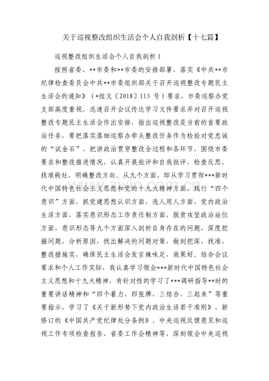 关于巡视整改组织生活会个人自我剖析【十七篇】.pdf_第1页