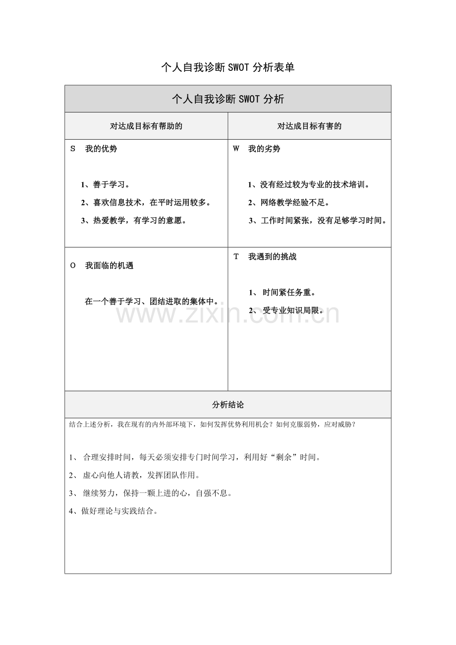 董云个人自我诊断SWOT分析表.doc_第1页