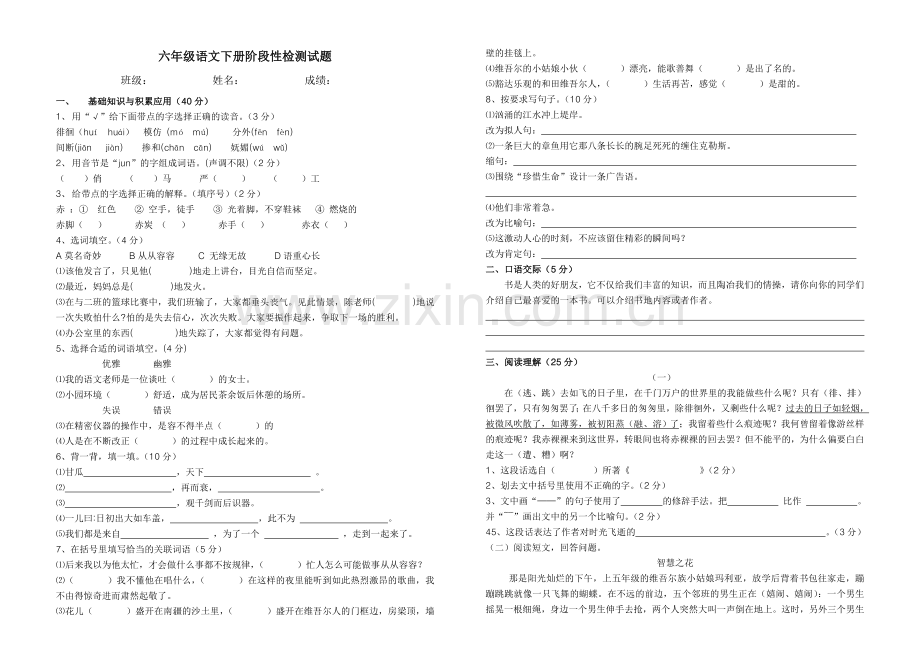 六年级下册语文期中测试题.doc_第1页