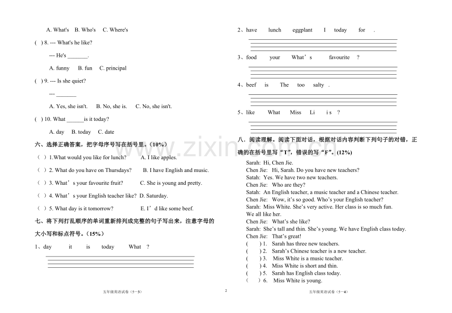 PEP小学英语五年级上册期中测试题.doc_第2页