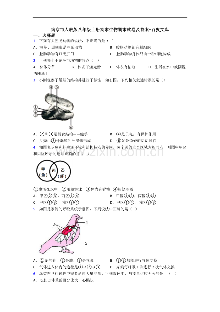 南京市人教版八年级上册期末生物期末试卷及答案.doc_第1页