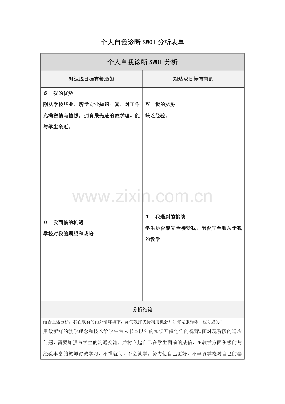 郑春燕个人自我诊断SWOT分析表.doc_第1页