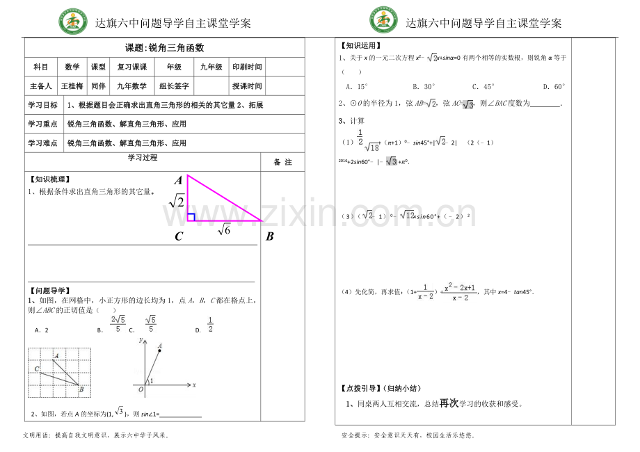 锐角三角函数的复习课.doc_第1页