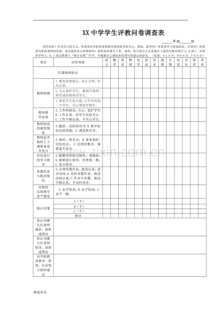 XX中学学生评教问卷调查表.doc_第1页