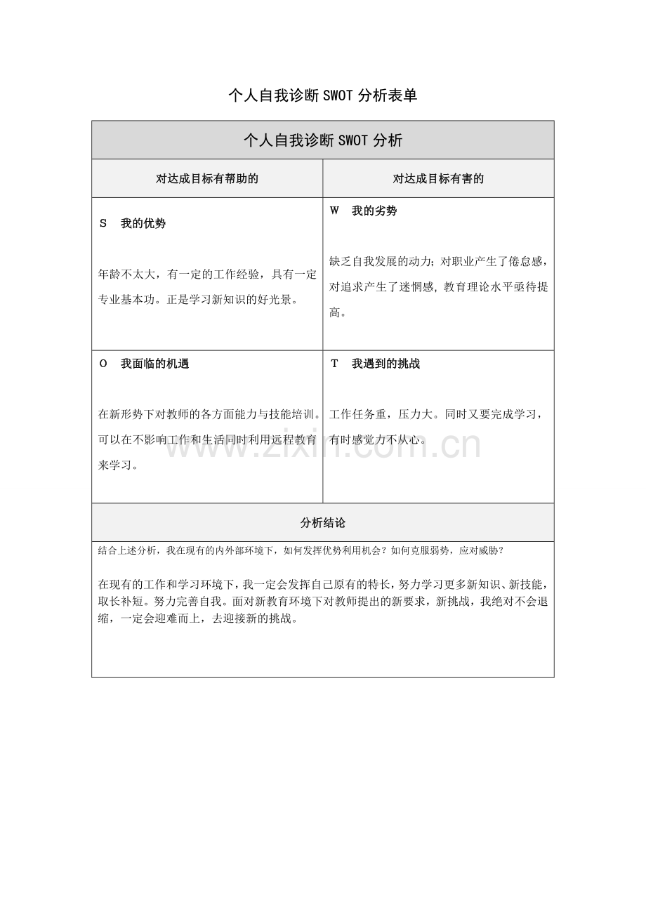 个人自我SHU诊断SWOT分析表.doc_第1页