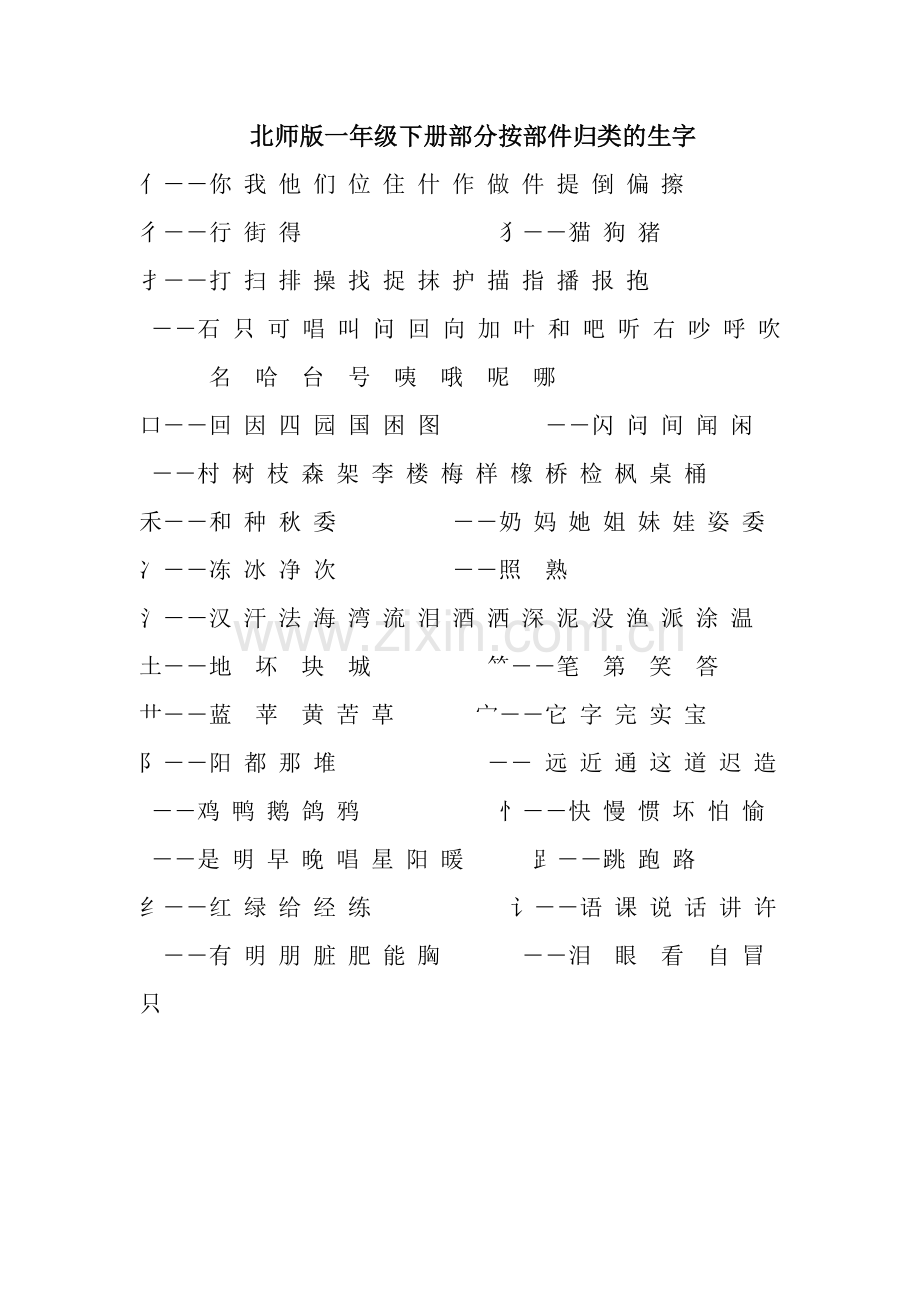 北师版一年级下册按部件归类的部分生字.doc_第1页